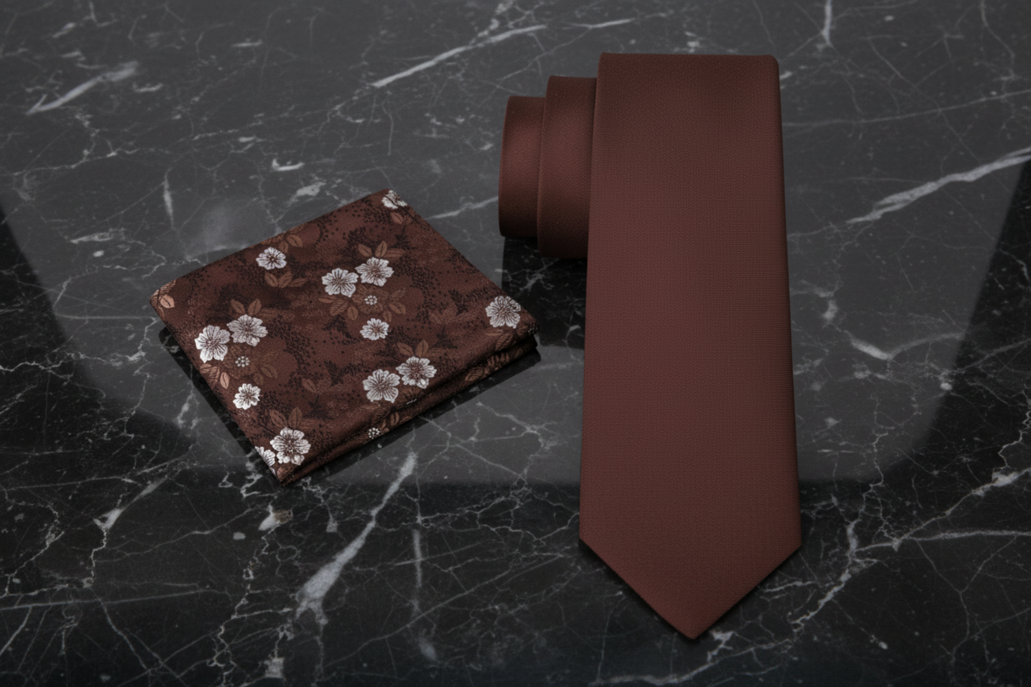 Alt View: Solid Brown Tie with A Brown and White Floral Square