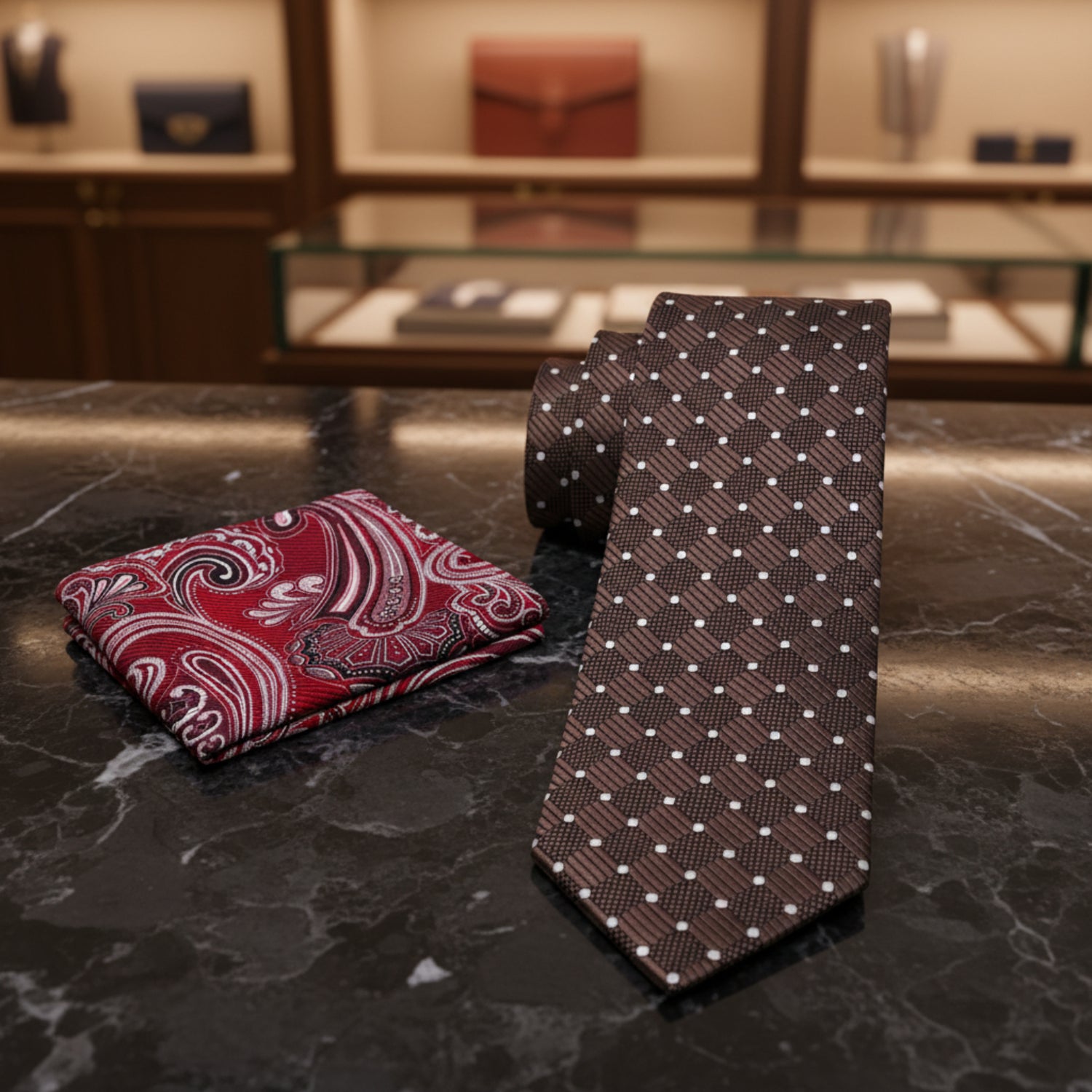 Alt View: Brown Geometric Necktie with Burgundy Paisley Pocket Square