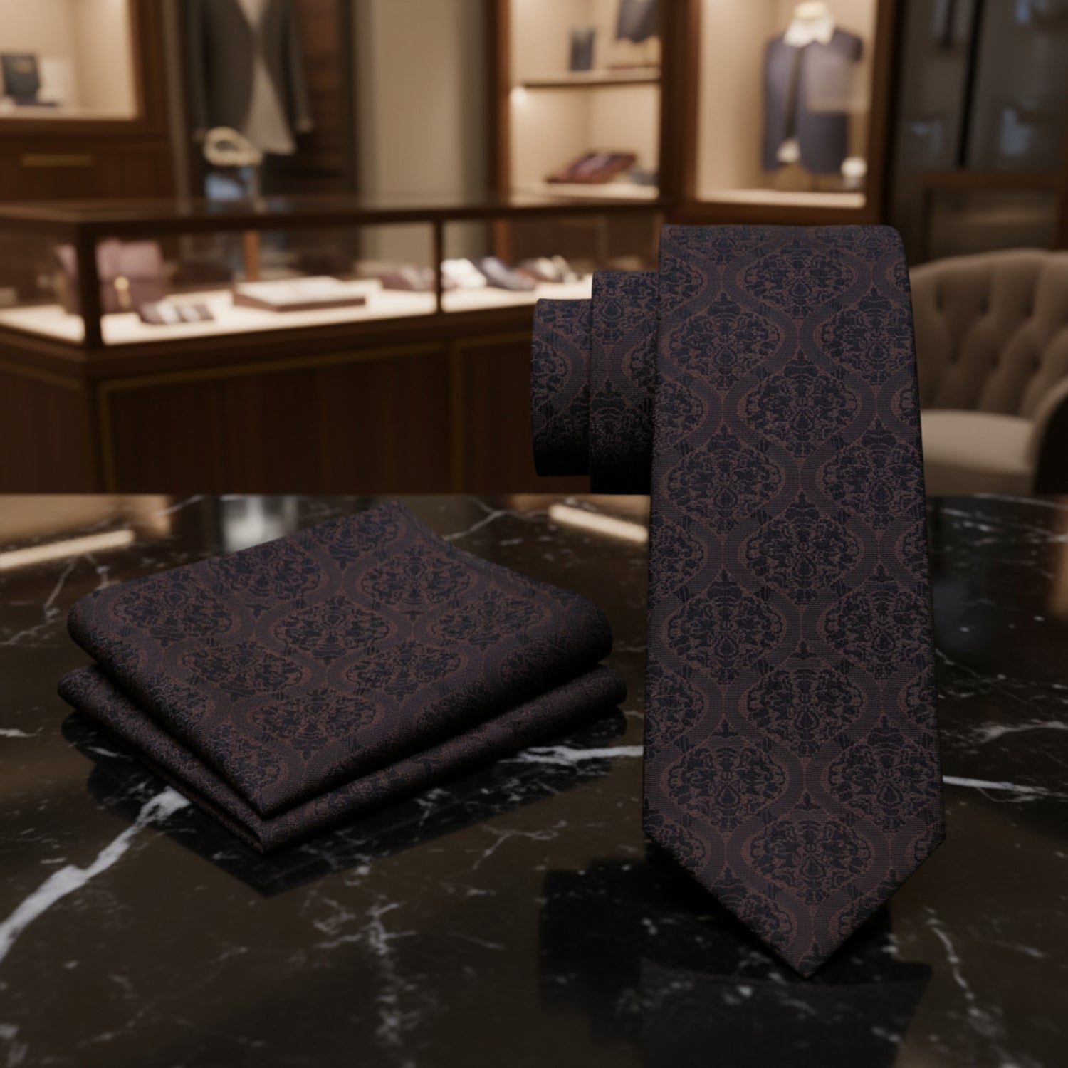 Alt View: Shades of Brown Abstract Tie and Pocket Square