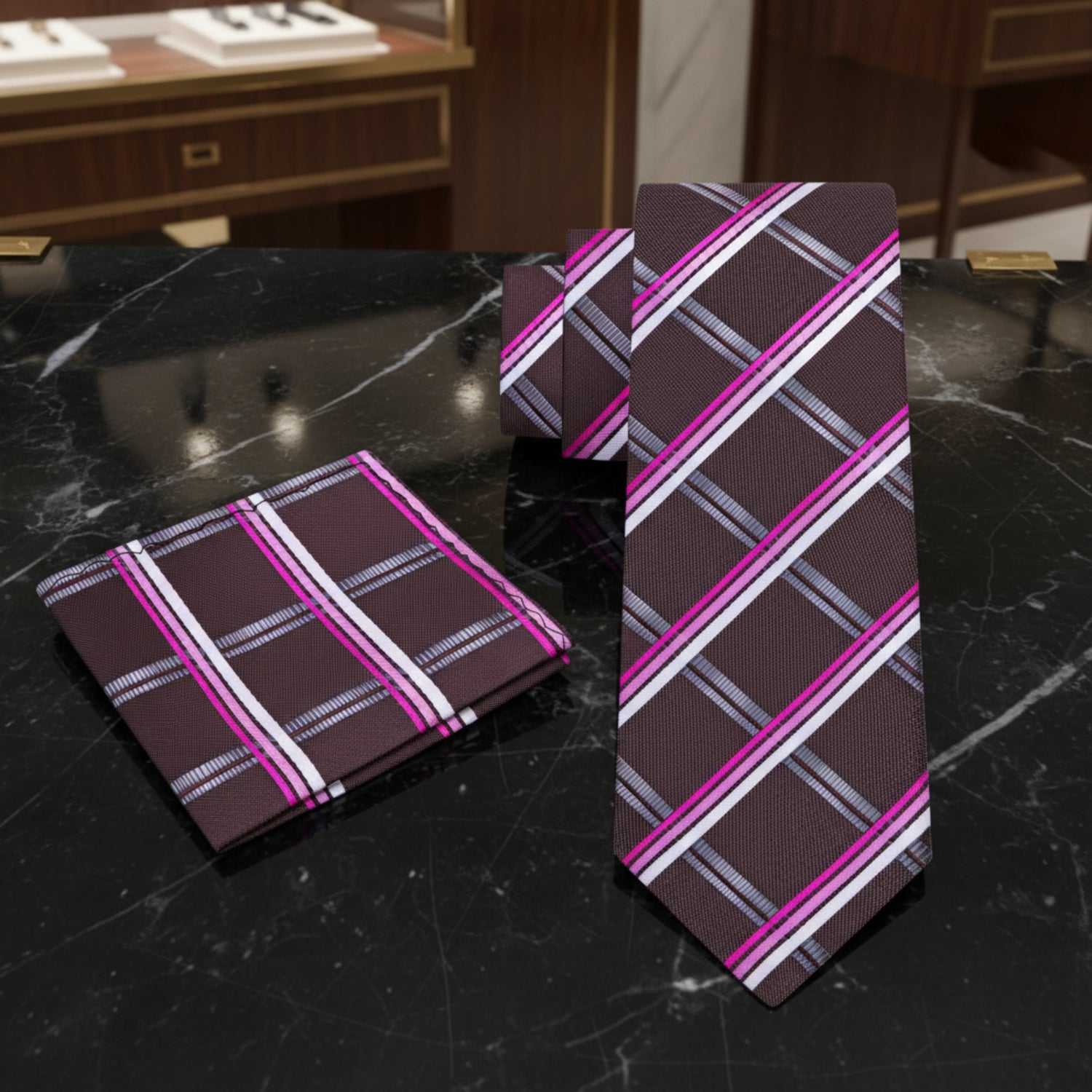 Alt View: A Brown, Pink, White With Geometric Diamond Pattern And Small Checks Pattern Necktie With Matching Pocket Square
