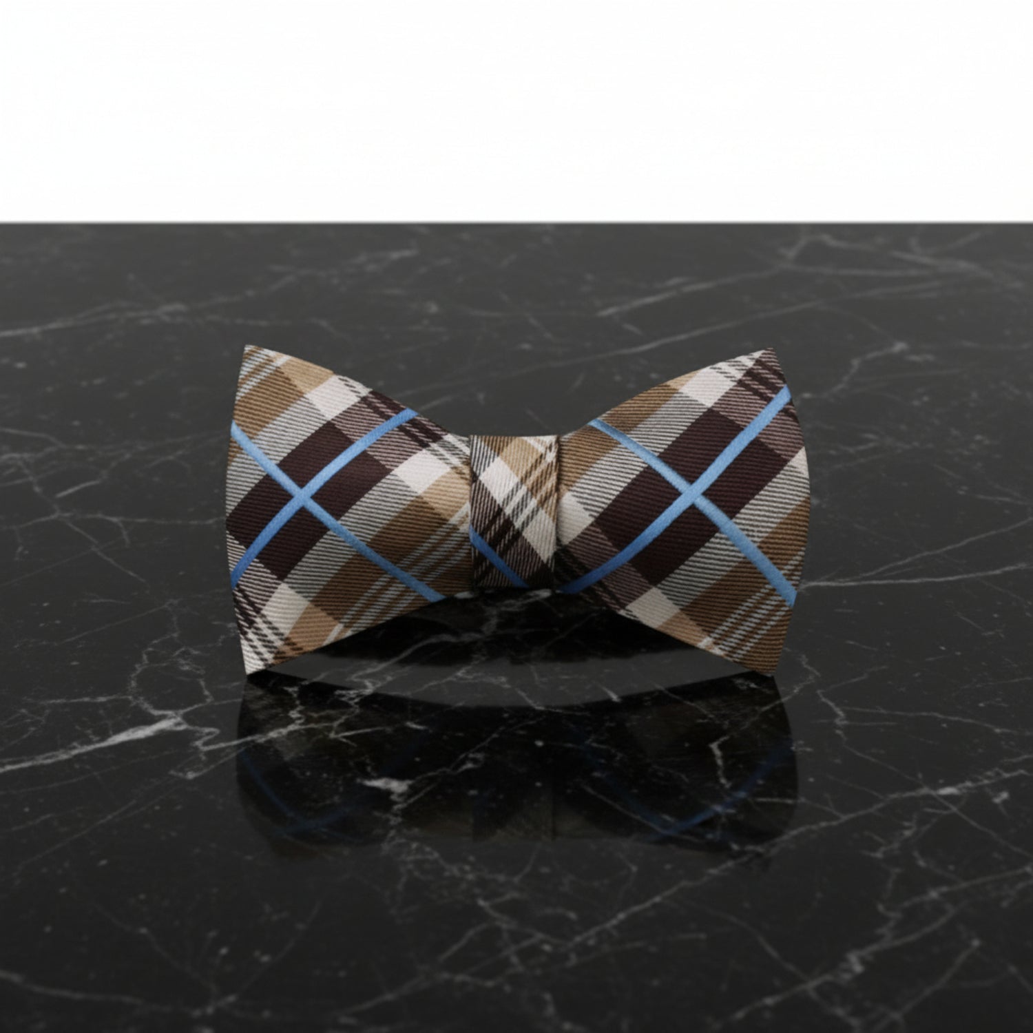 A Cream, Brown Plaid Pattern Silk Self Tie Bow Tie 