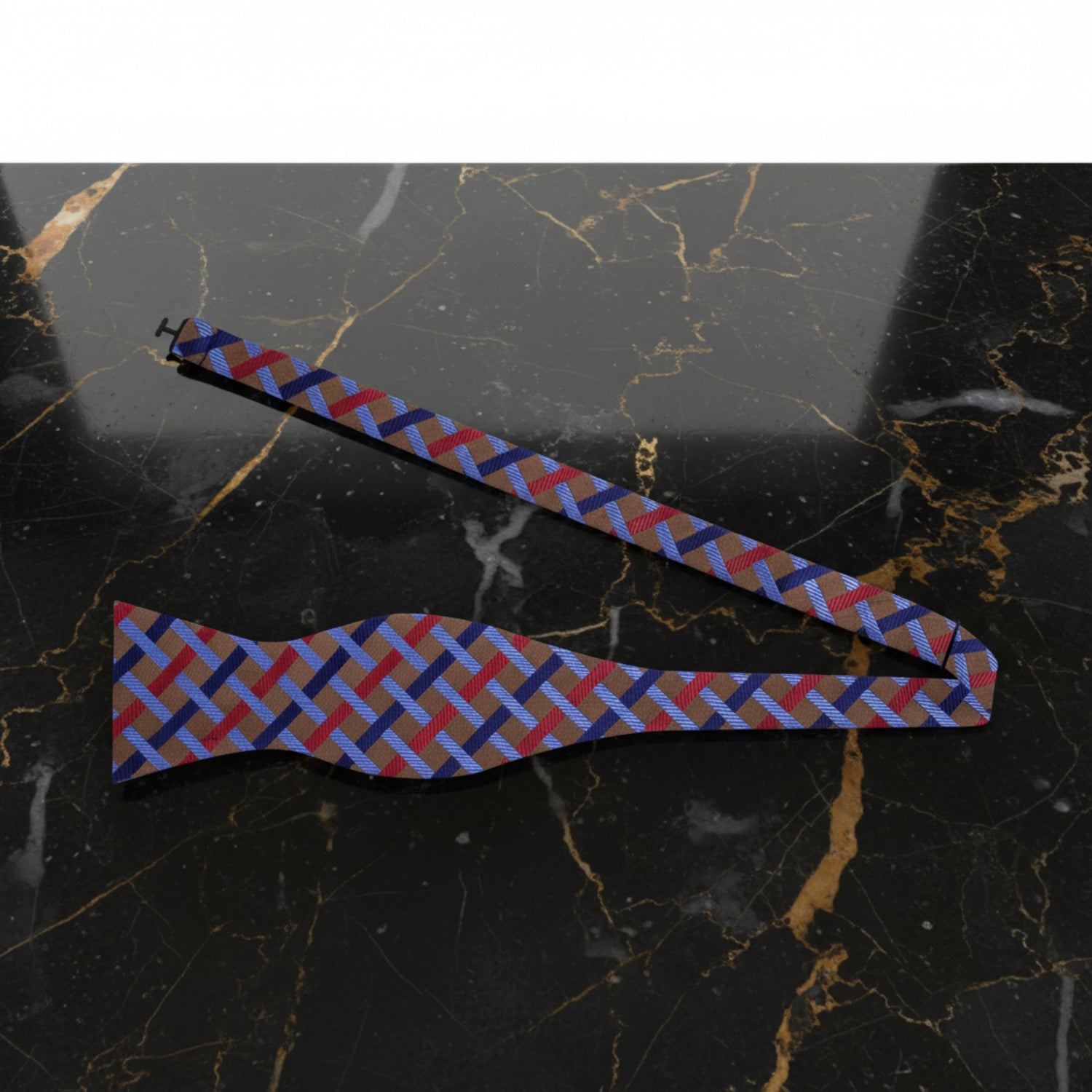 A Brown, Blue, Red Interlocking Lines Pattern Self Tie Bow Tie Untied