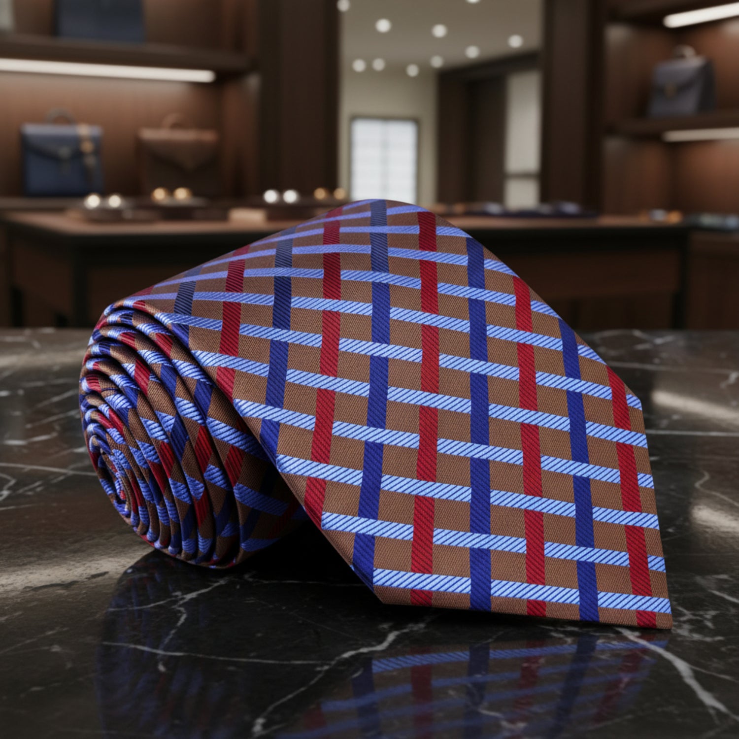 A Light Blue, Brown, Red, Blue Intersecting Lines Pattern Necktie