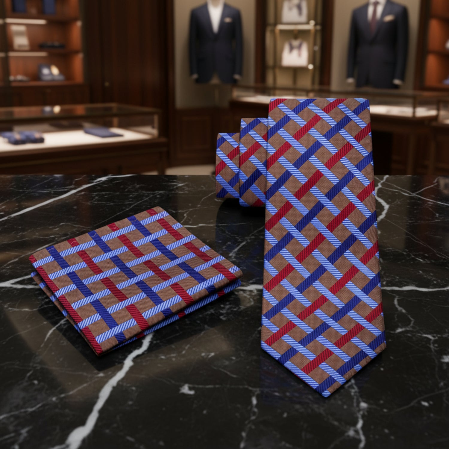 Alt View: A Light Blue, Brown, Red, Blue Intersecting Lines Pattern Necktie, Matching Pocket Square