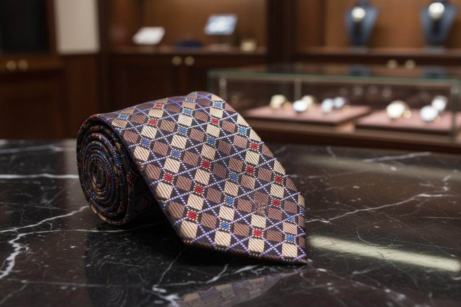 Brown, Red, Blue and Light Purple Geometric Necktie  