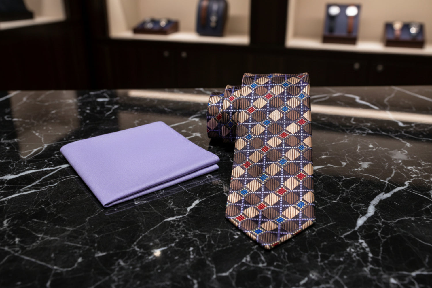 Alt View: Brown, Red, Blue and Light Purple Geometric Necktie and Light Purple Square