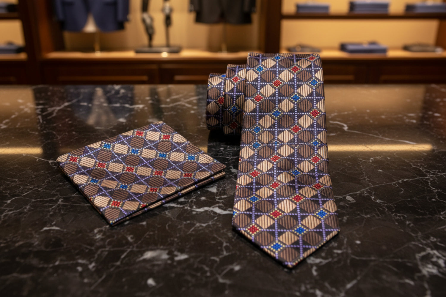 Alt view: Brown, Red, Blue and Light Purple Geometric Necktie and Matching Square