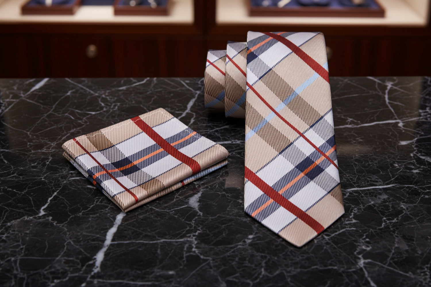 Alt View: light brown, red, blue plaid tie and square
