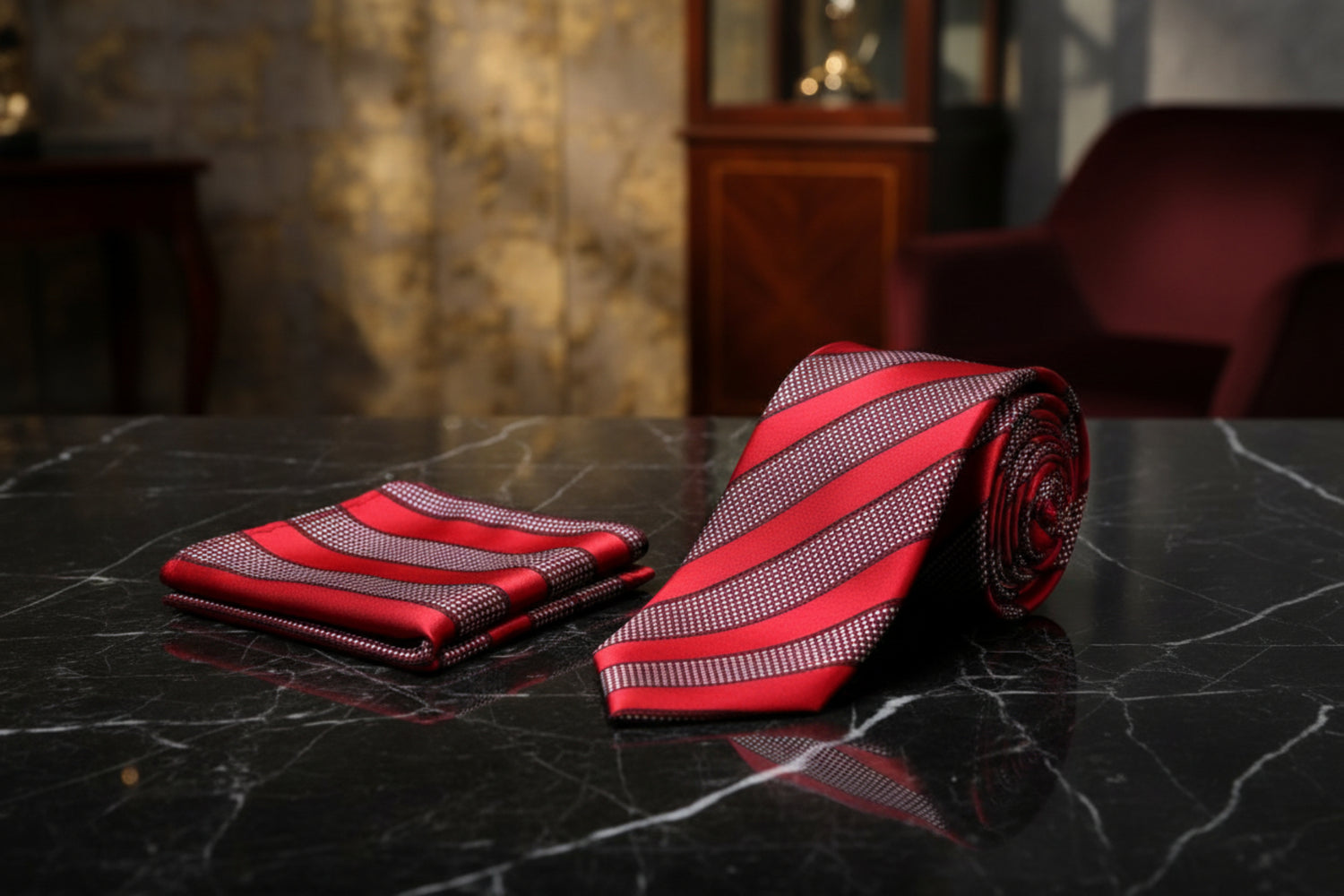 Alt View Red Brown Stripe Tie and Pocket Square