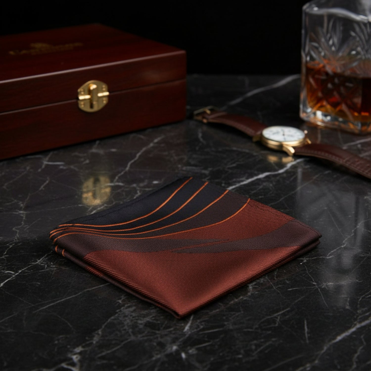 A Brown, Gold Abstract Lines Pattern Pocket Square