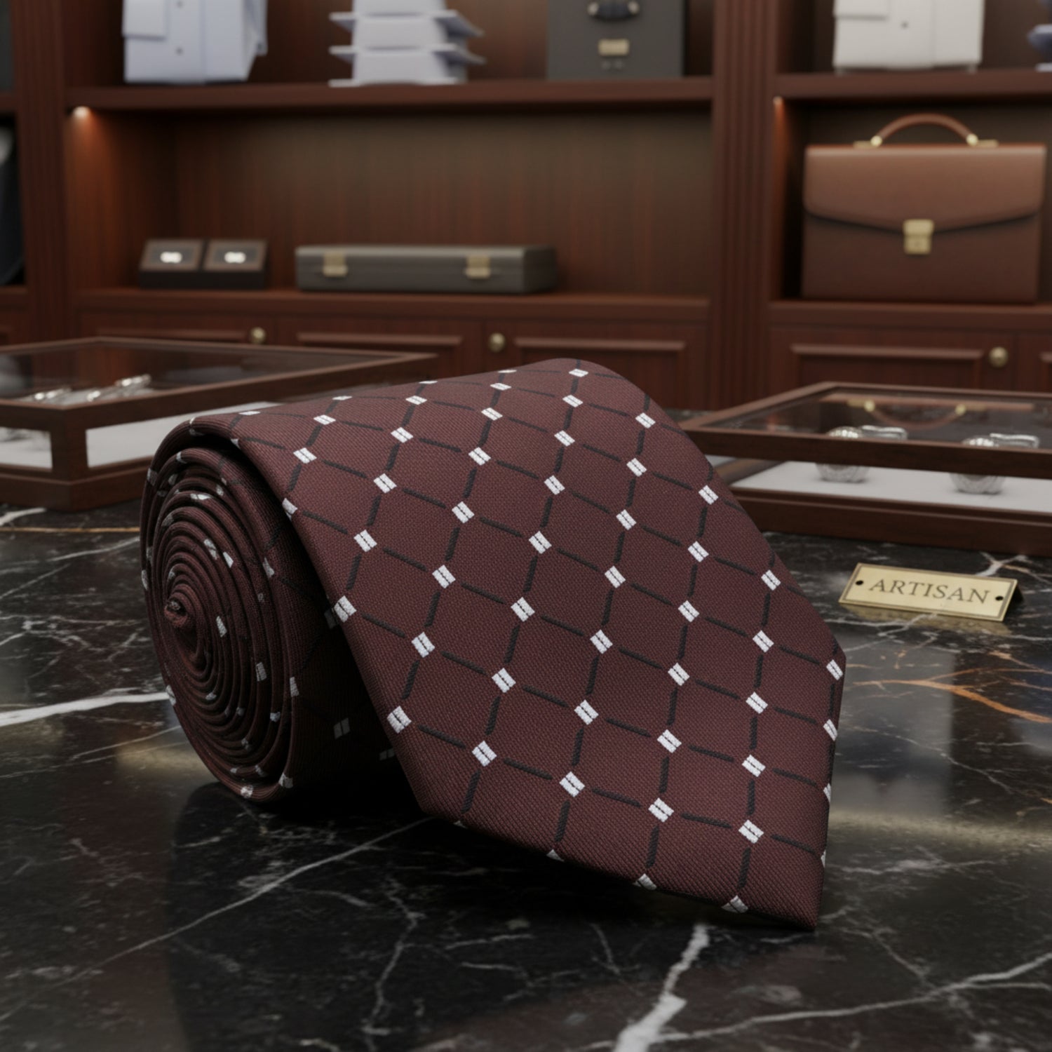 A Brown With White Geometric and Check Pattern Necktie 