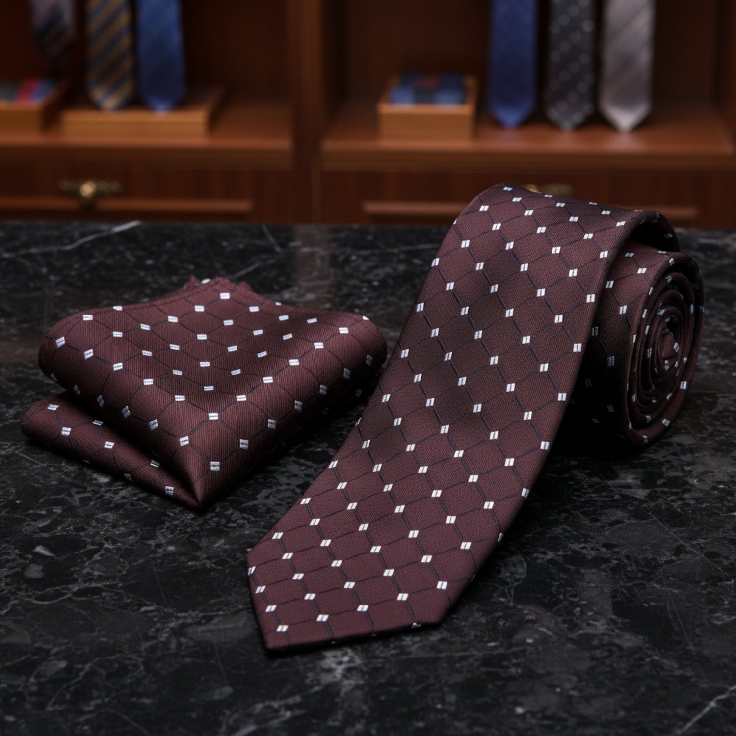 Alt View:A Brown With White Geometric and Check Pattern Necktie, Matching Pocket Square