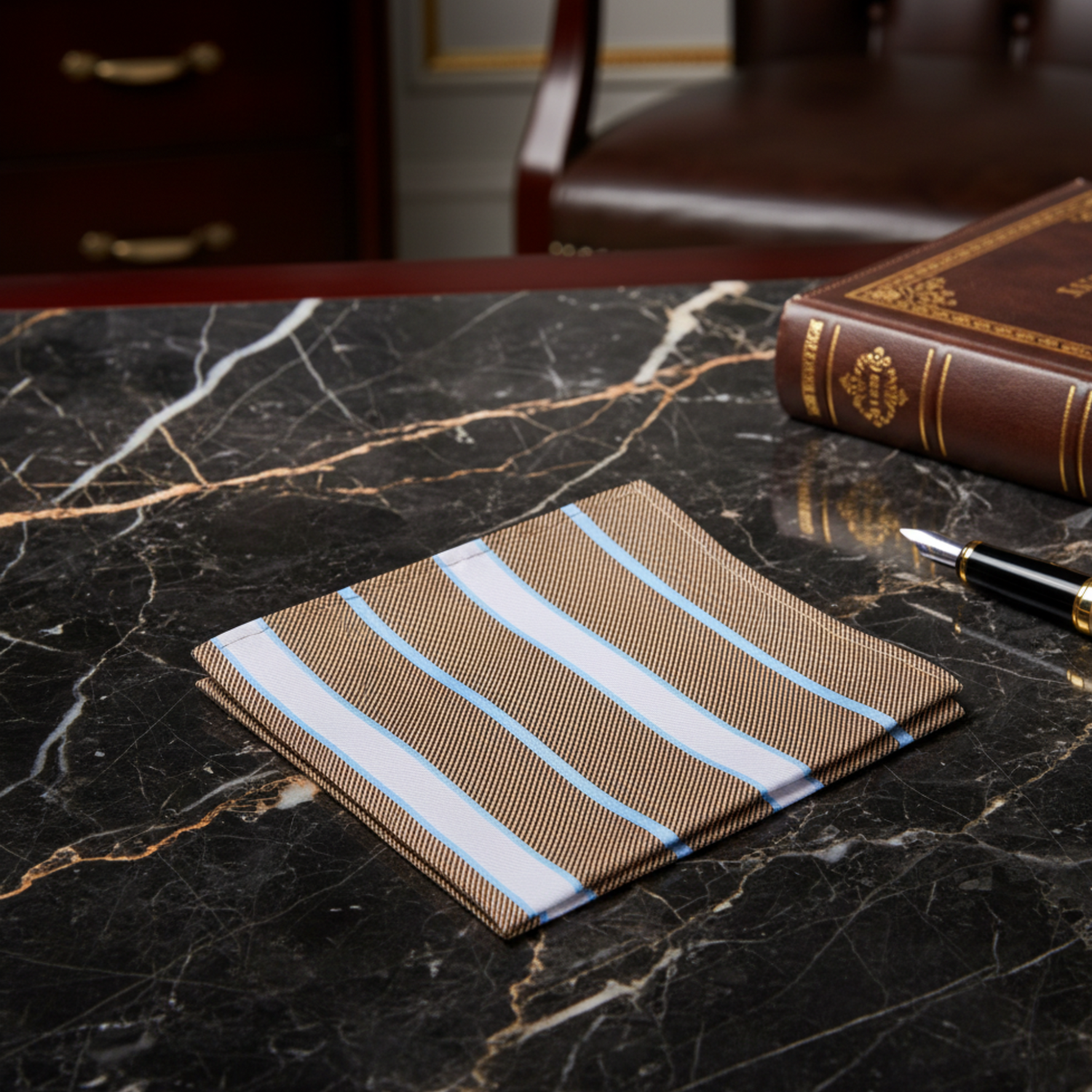 Brown, White, Light Blue Stripe Pocket Square