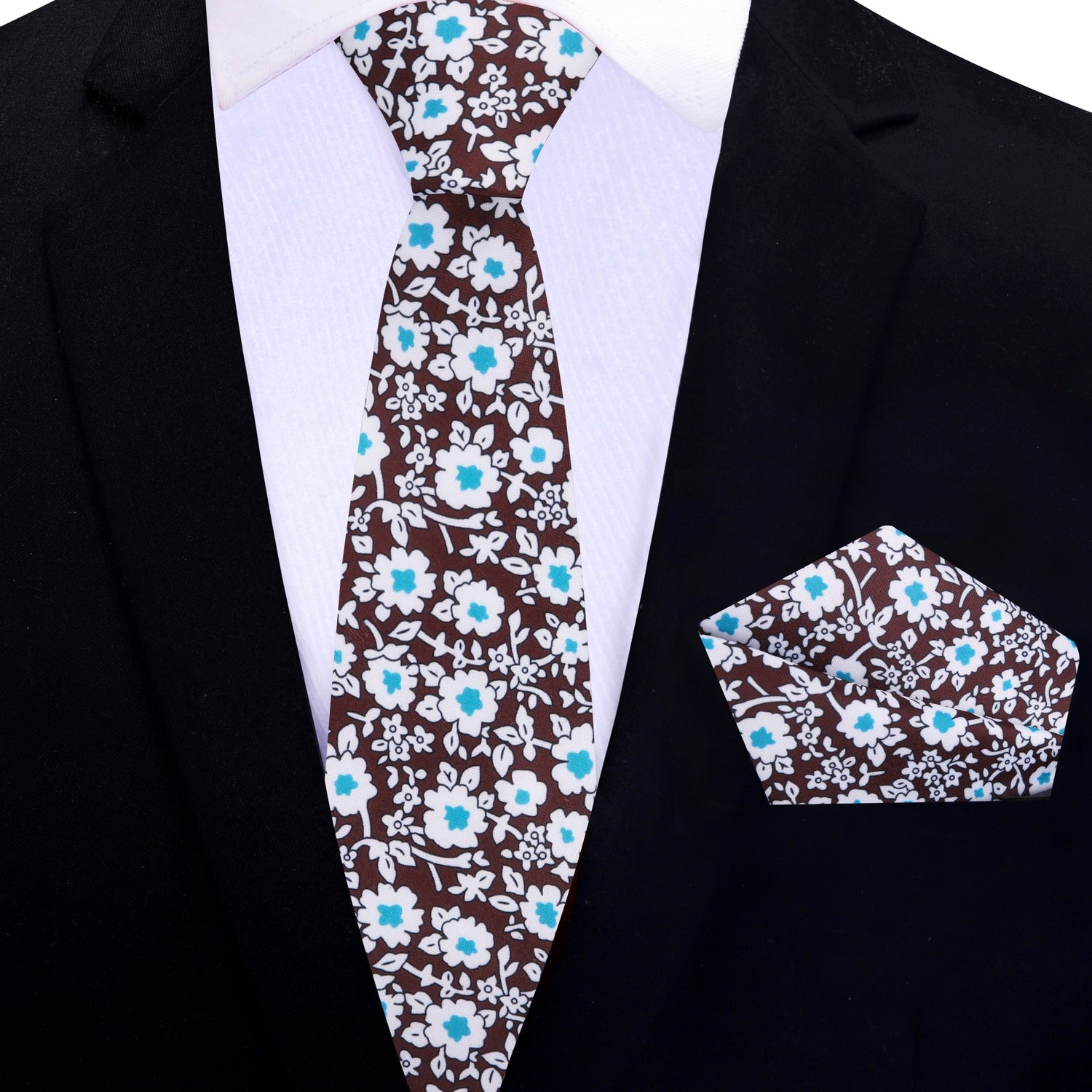 Thin Tie: Brown, White, Light Blue Small Flowers Necktie and Matching Square