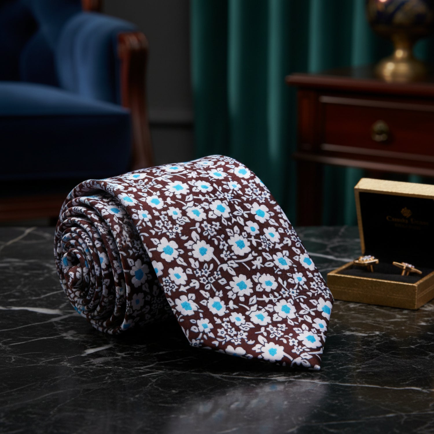 Brown, White, Light Blue Small Flowers Necktie 