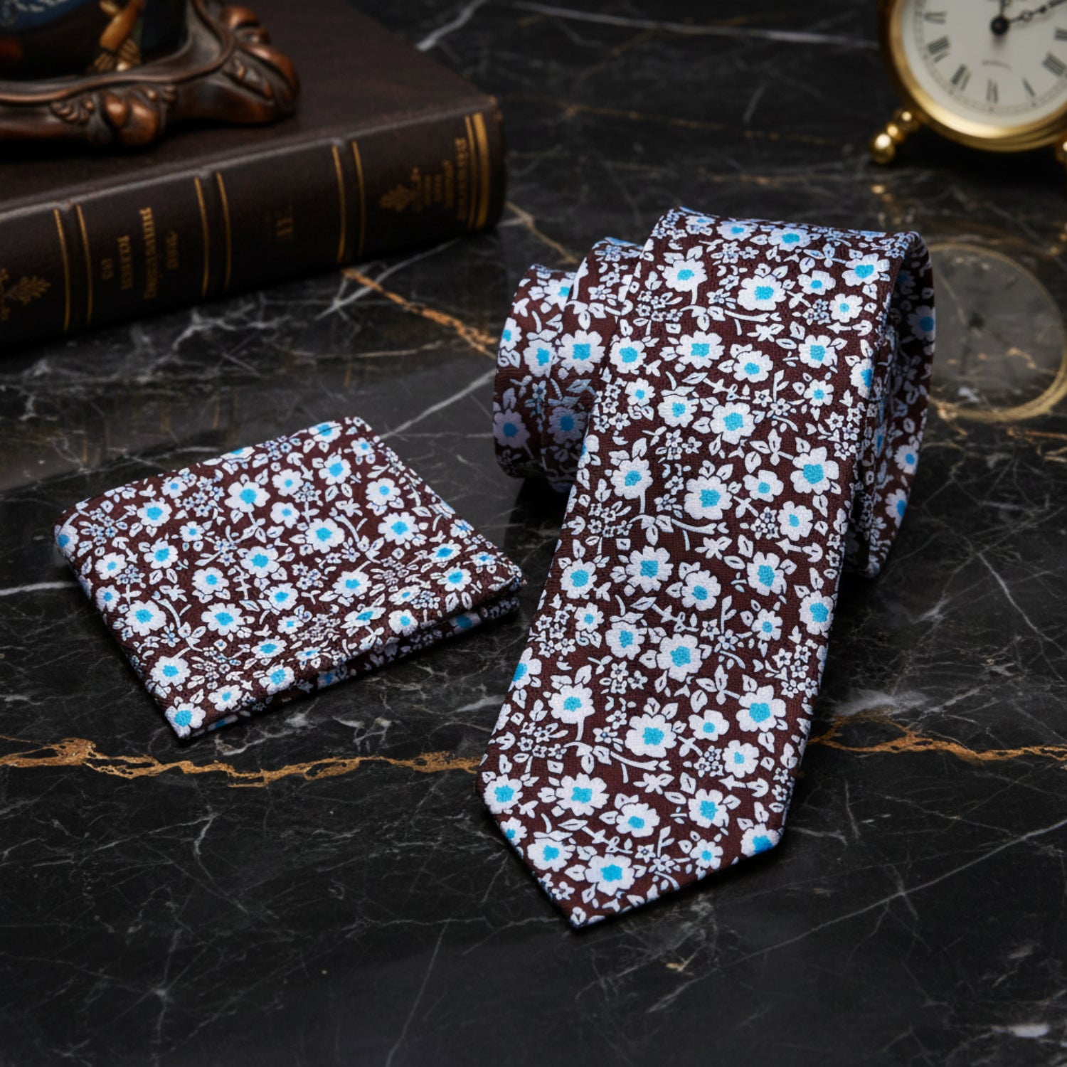 Alt View: Brown, White, Light Blue Small Flowers Necktie and Matching Square