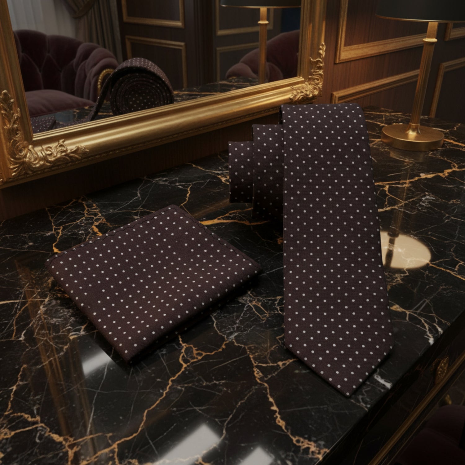 Alt View A Brown, White Polka Dot Pattern Silk Necktie and Square
