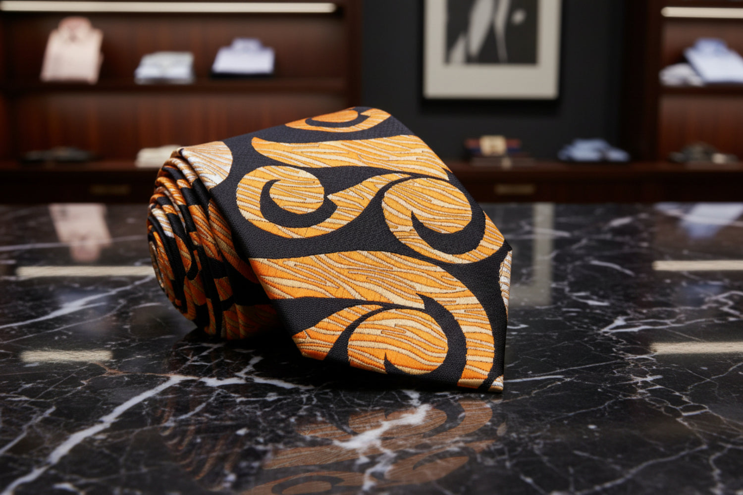 A Tan, Dark Brown, Gold Abstract Swirl Pattern Necktie