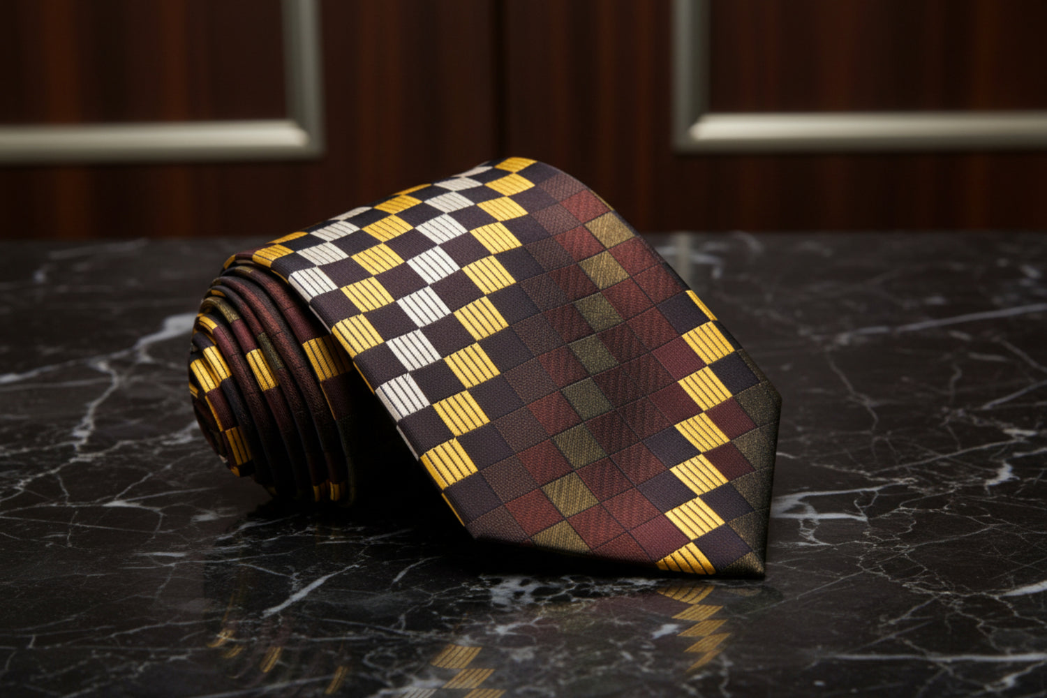 A Yellow, Brown Geometric Squares Pattern Necktie 