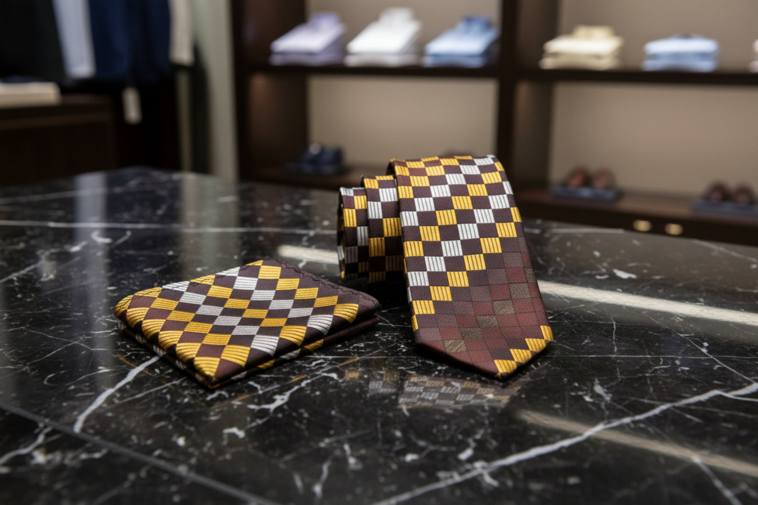 Alt view: A Yellow, Brown Geometric Squares Pattern Necktie, Pocket Square