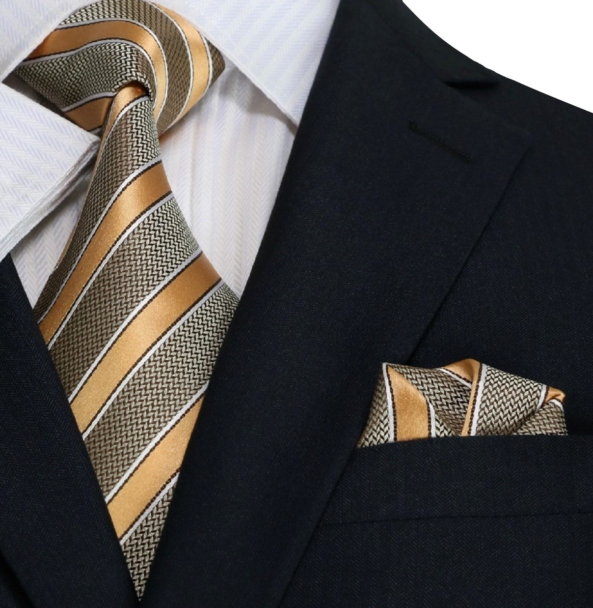 Brown, Caramel Stripe Tie and Pocket Square