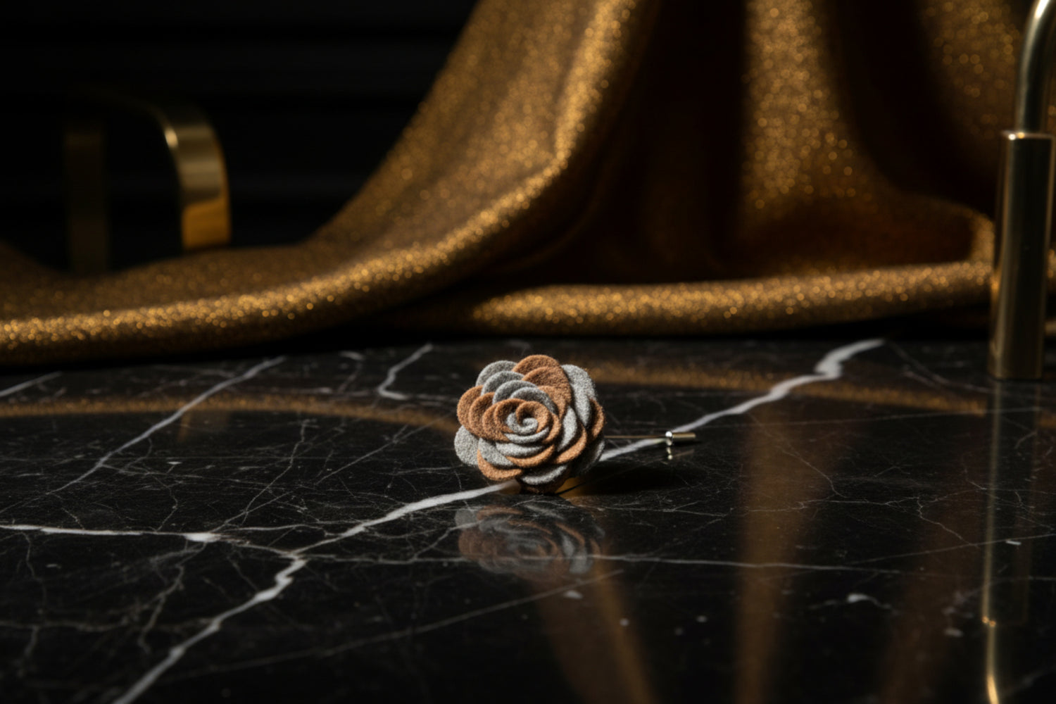 A Solid Brown, Grey Wide Petal Flower Shaped Lapel Pin||Brown, Grey
