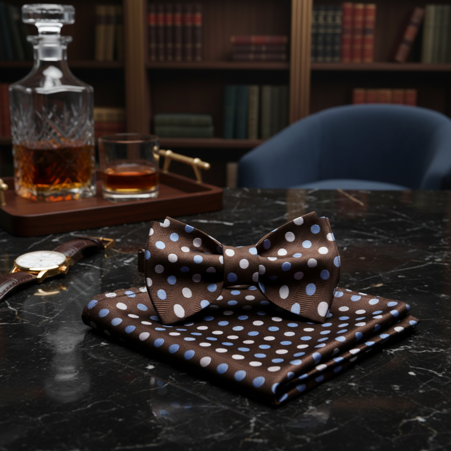 Brown, Blue, Cream Polka Bow Tie and Pocket Square