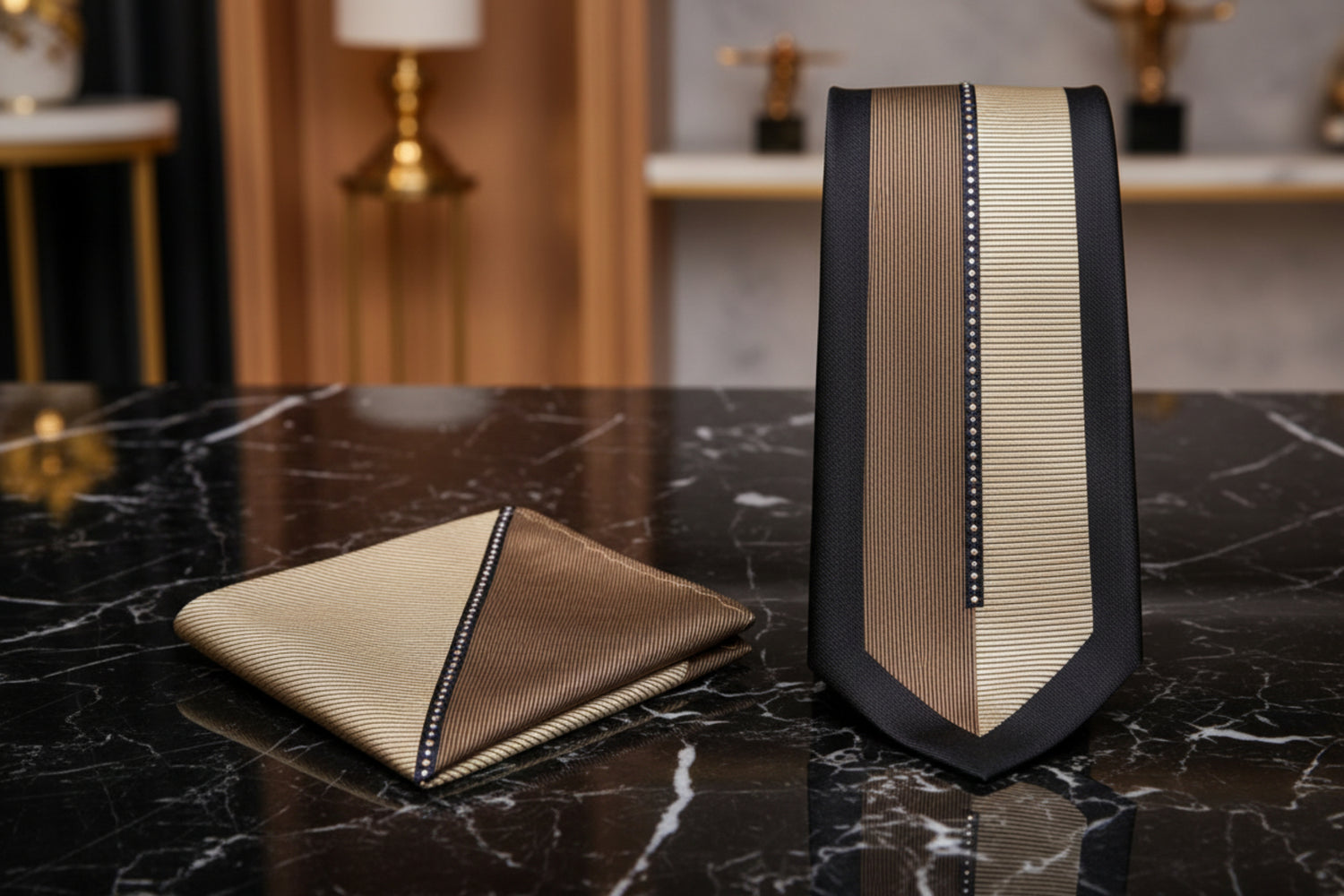 Alt View: A Brown, Light Brown, Black Abstract Tie With Border Pattern With Matching Pocket Square