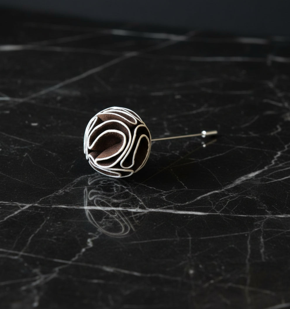 A Brown, White Leafy Petal Flower Shaped Lapel Pin||Brown, White