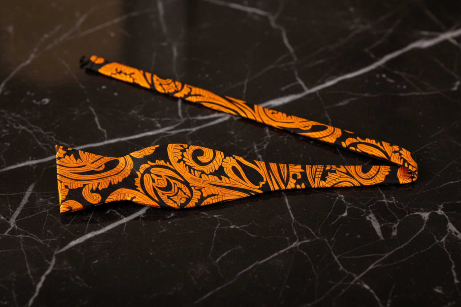 A Inca Gold, Rich Brown Elaborate Floral On Edge of Paisley Pattern Self Tie Bow Tie Untied