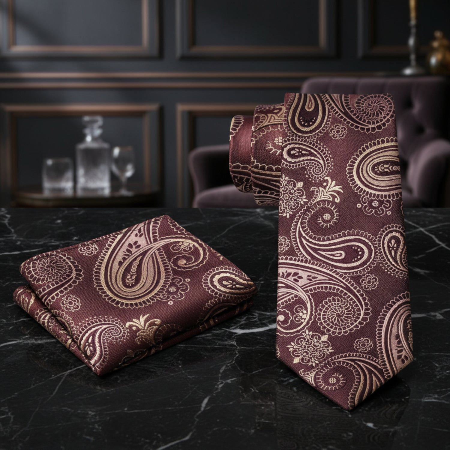 Alt View: brown gold paisley tie and pocket square