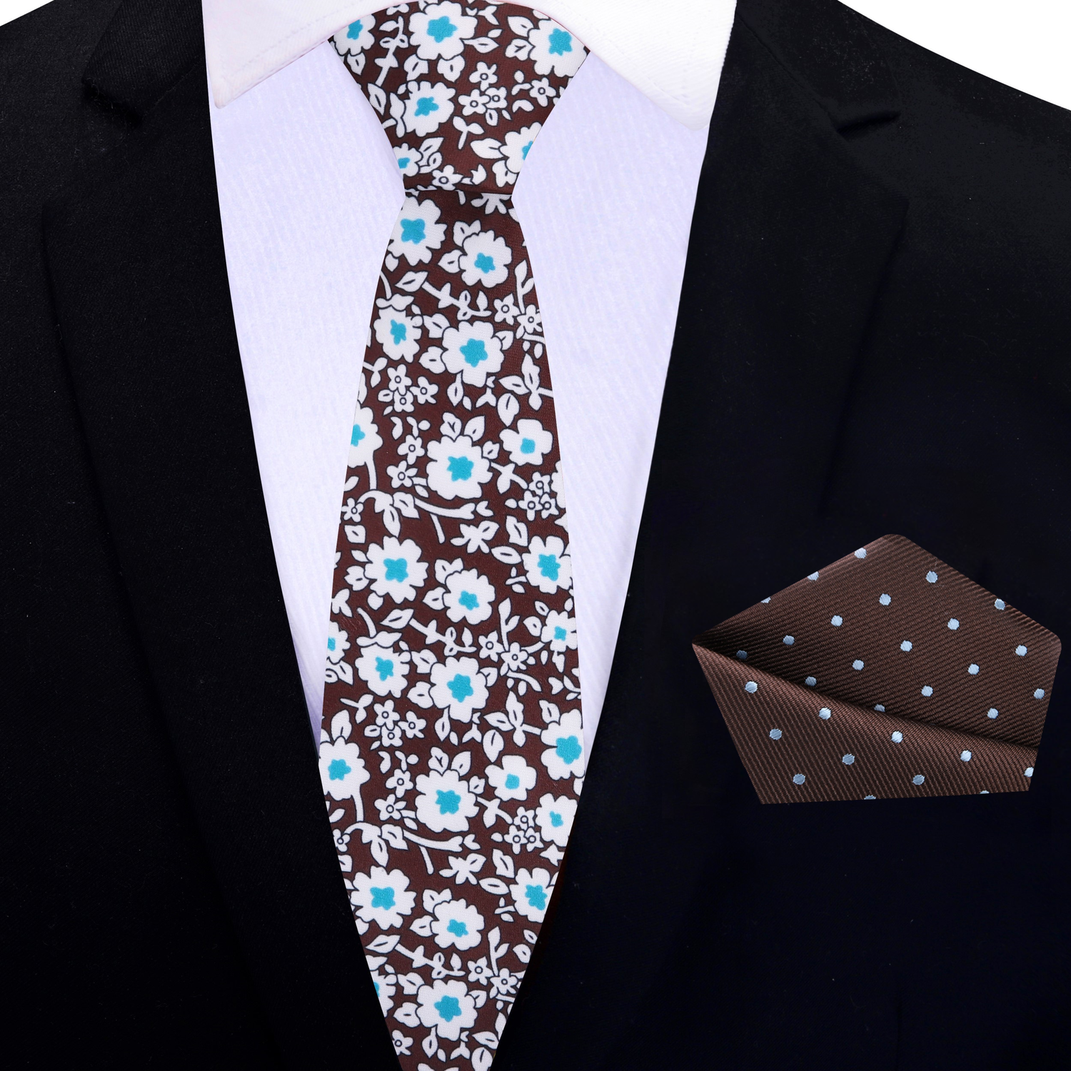 Thin Tie: Brown, White, Light Blue Small Flowers Necktie and Brown, Light Blue Polka Square