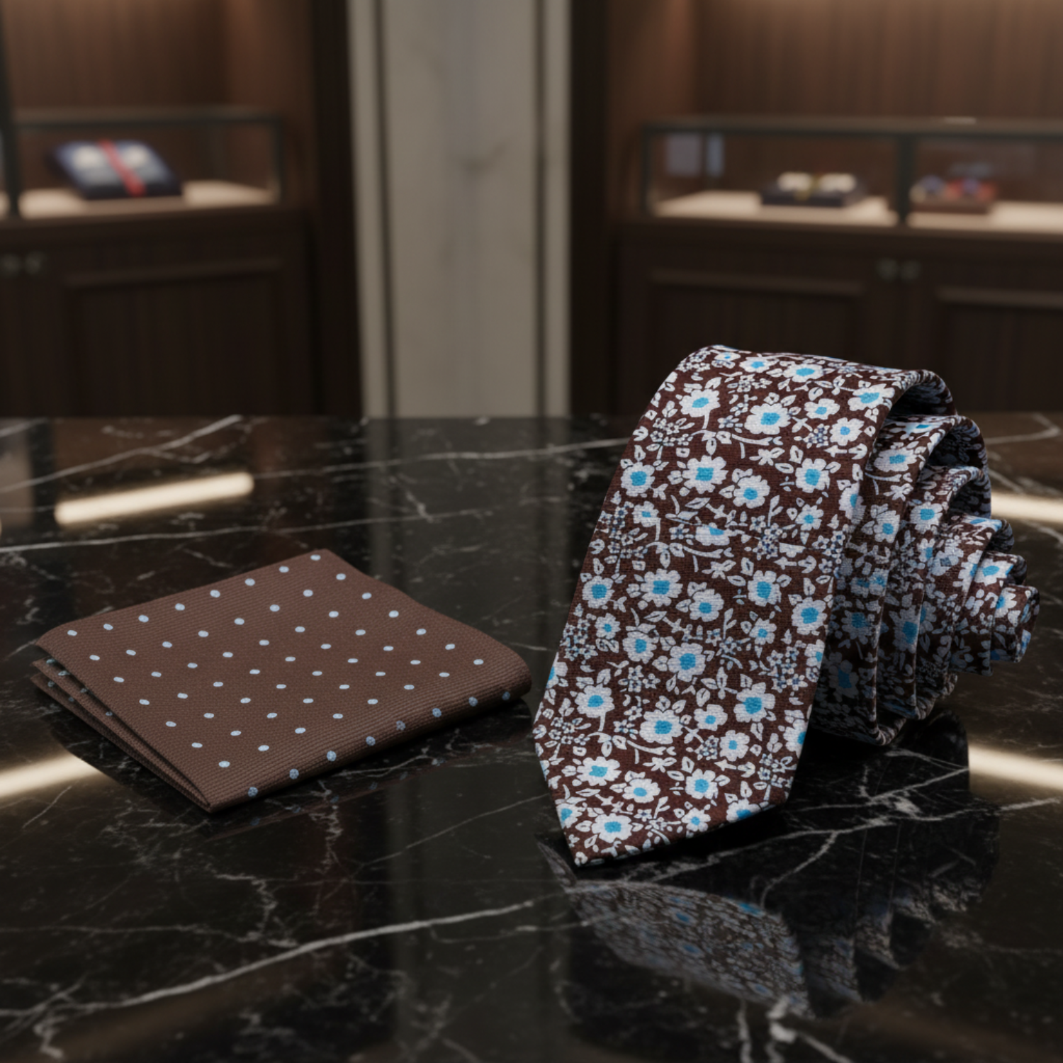 Alt View: Brown, White, Light Blue Small Flowers Necktie and Brown, Light Blue Polka Square