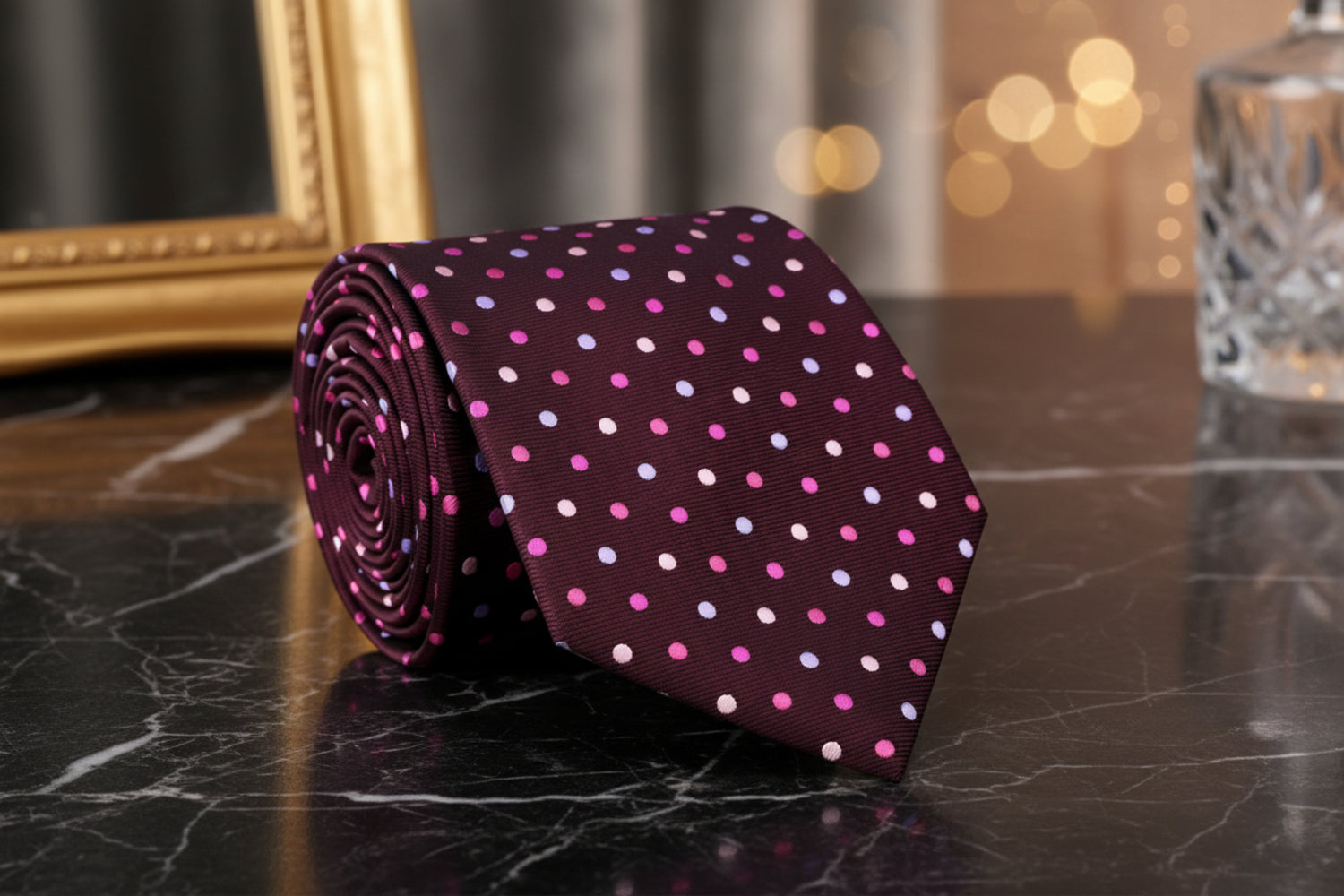 A Plum, Peach, Pink Polka Dot Pattern Self Tie Necktie 