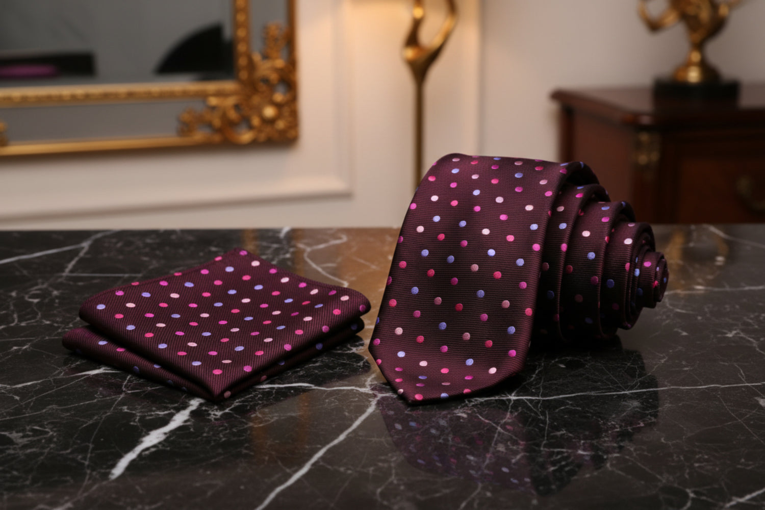 Alt View: A Plum, Peach, Pink Polka Dot Pattern Self Tie Necktie, Matching Pocket Square
