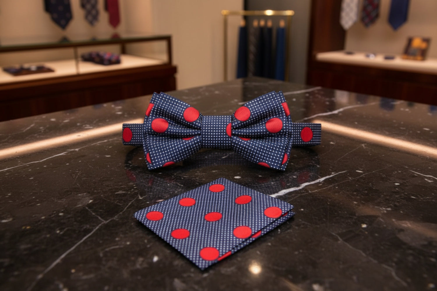 A Dark Blue, Red Color Polka Dot Pattern Kids Pre-Tied Bow Tie, Matching Pocket Square