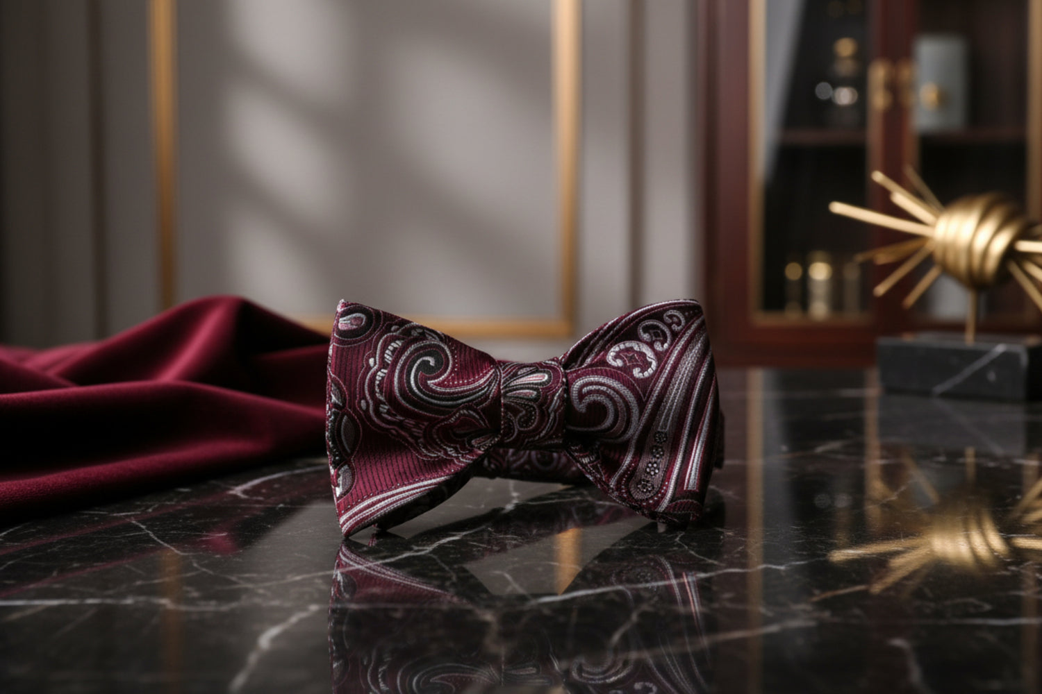 A Dark Burgundy, Black, White Paisley Pattern Self Tie Bow Tie 