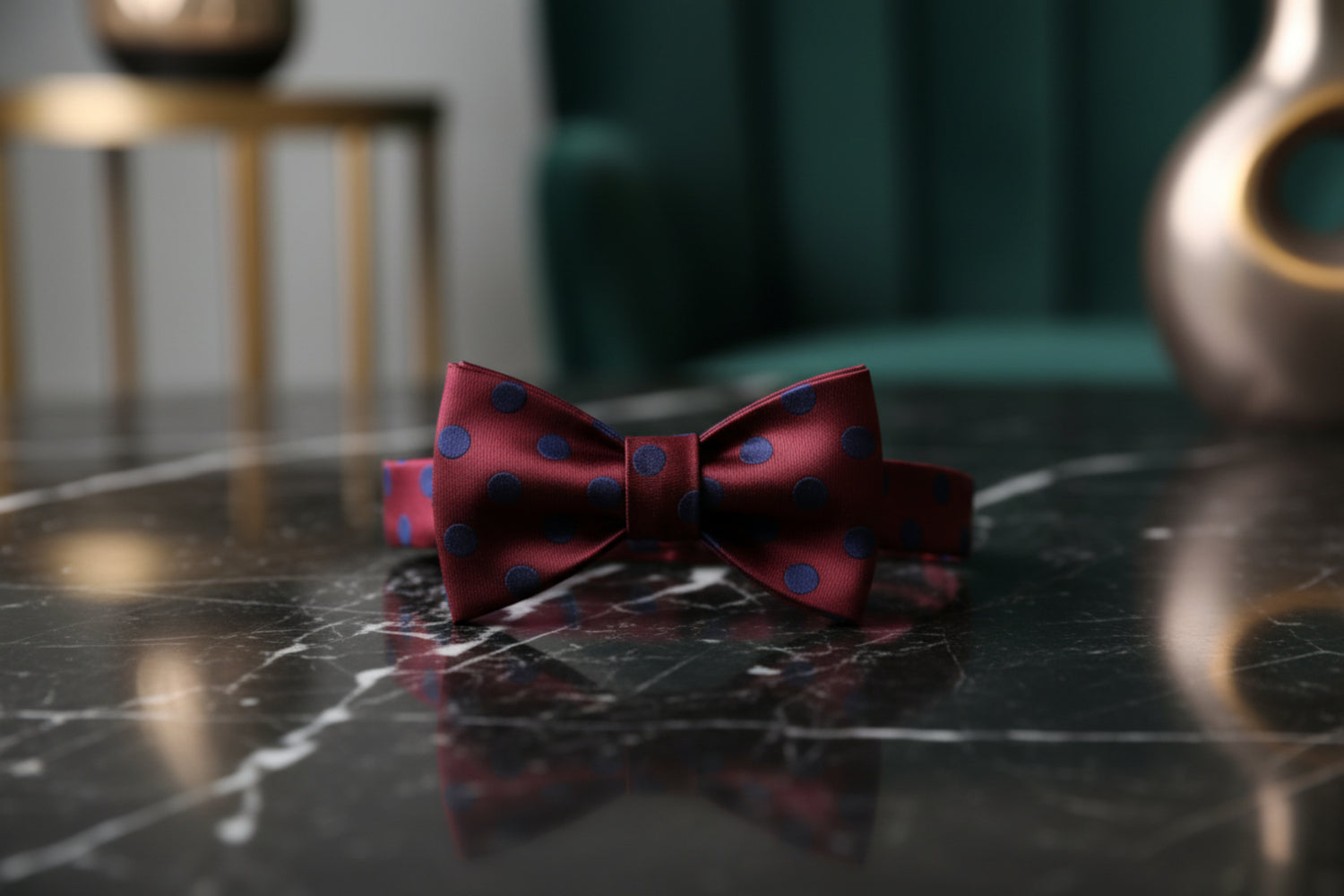 A Burgundy, Blue Polka Pattern Self Tie Bow Tie Bow Tie 