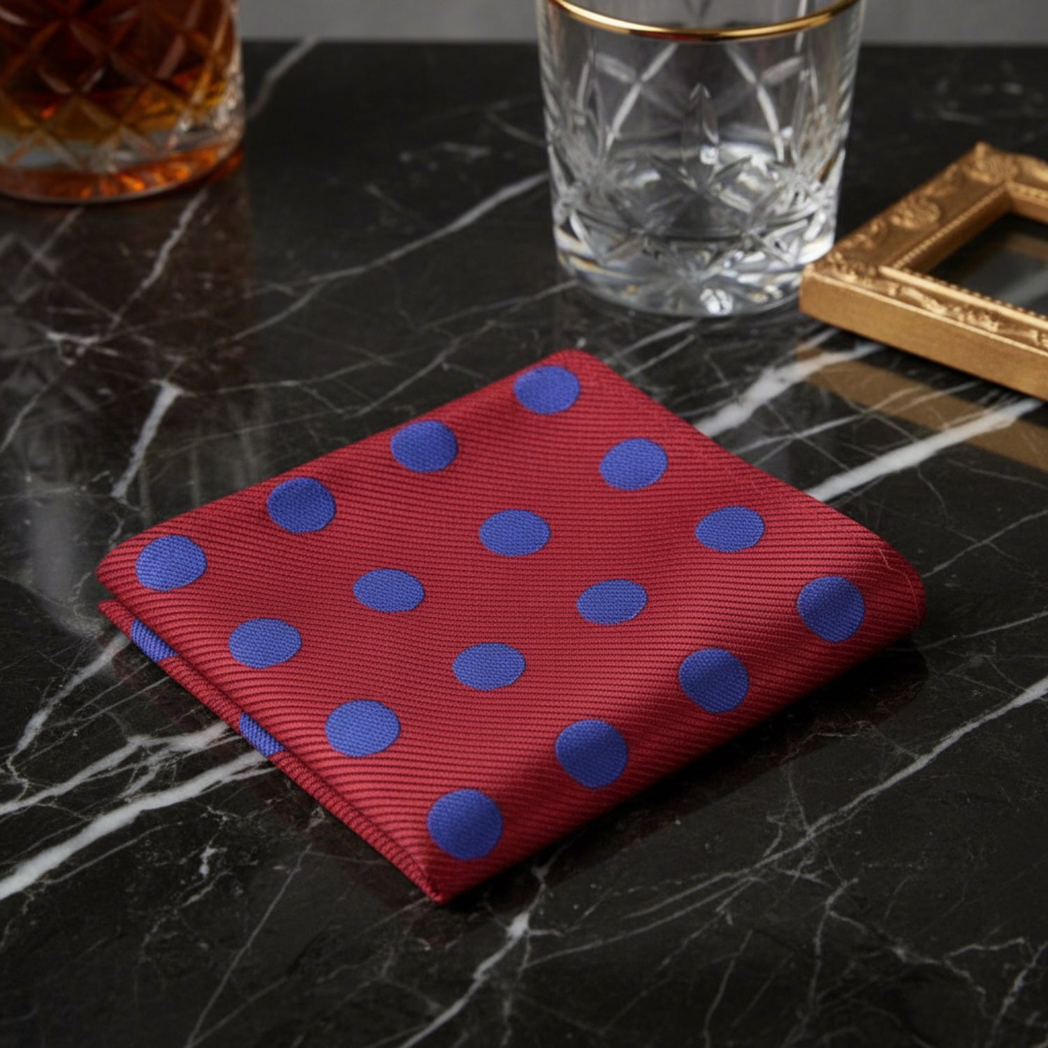 A Burgundy, Blue Polka Pattern Silk Pocket Square