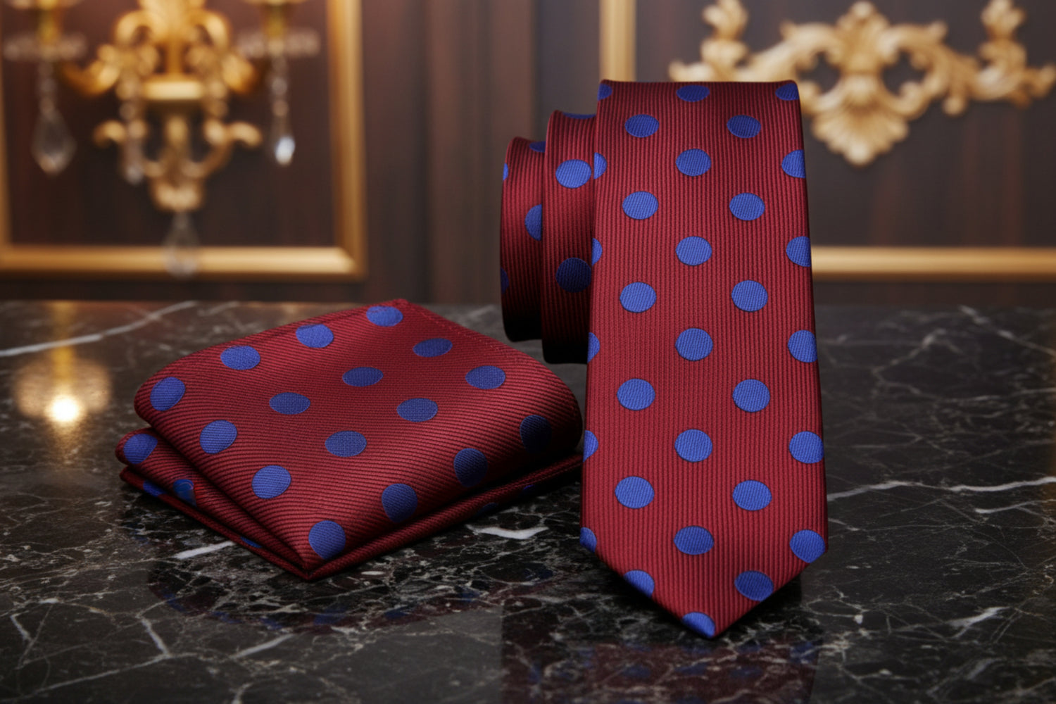Alt View: A Burgundy, Blue Dot Pattern Necktie, Matching Pocket Square