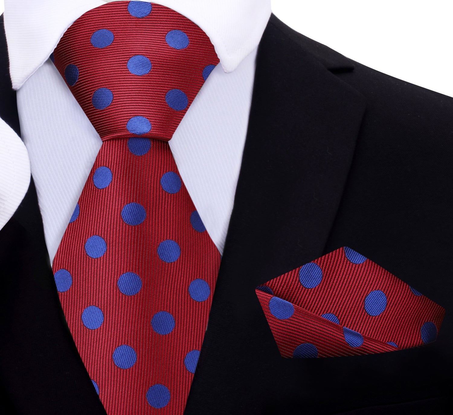 A Burgundy, Blue Dot Pattern Necktie, Matching Pocket Square 