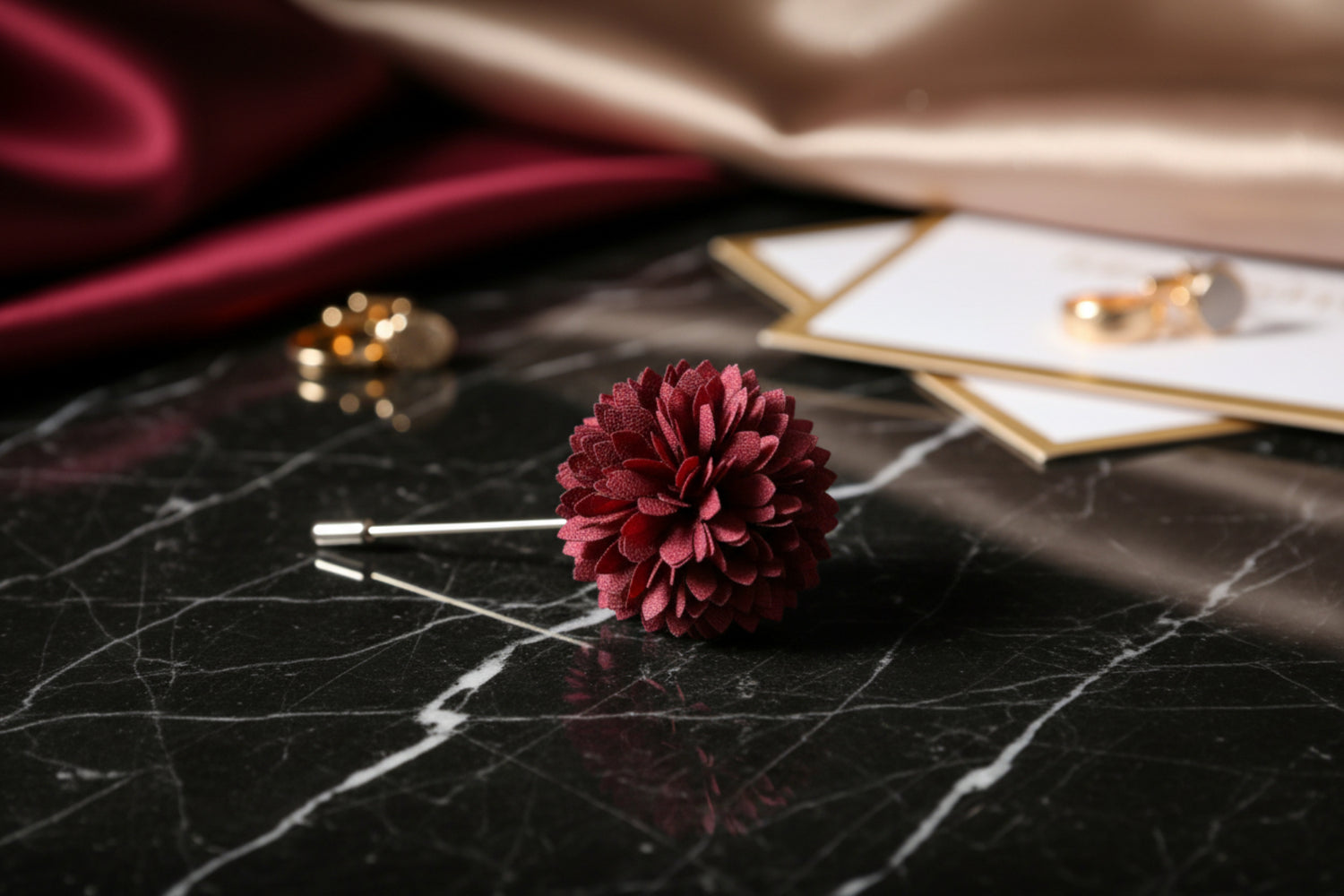 Main View: A Solid Burgundy Colored Thin Petal Lapel Flower Burst