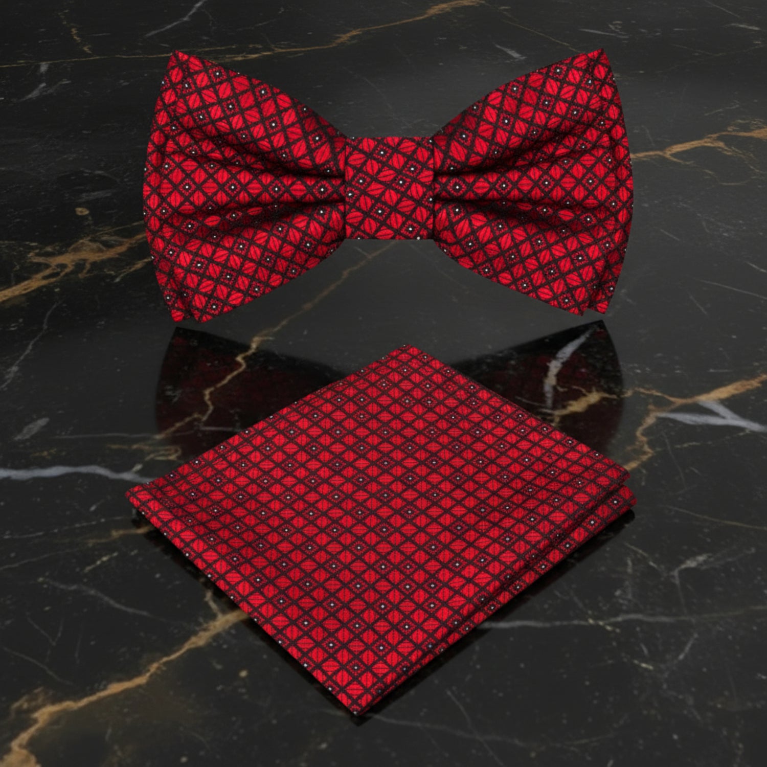 A Burgundy, Black Color With Geometric Diamond Pattern Kids Pre-Tied Bow Tie, Matching Pocket Square