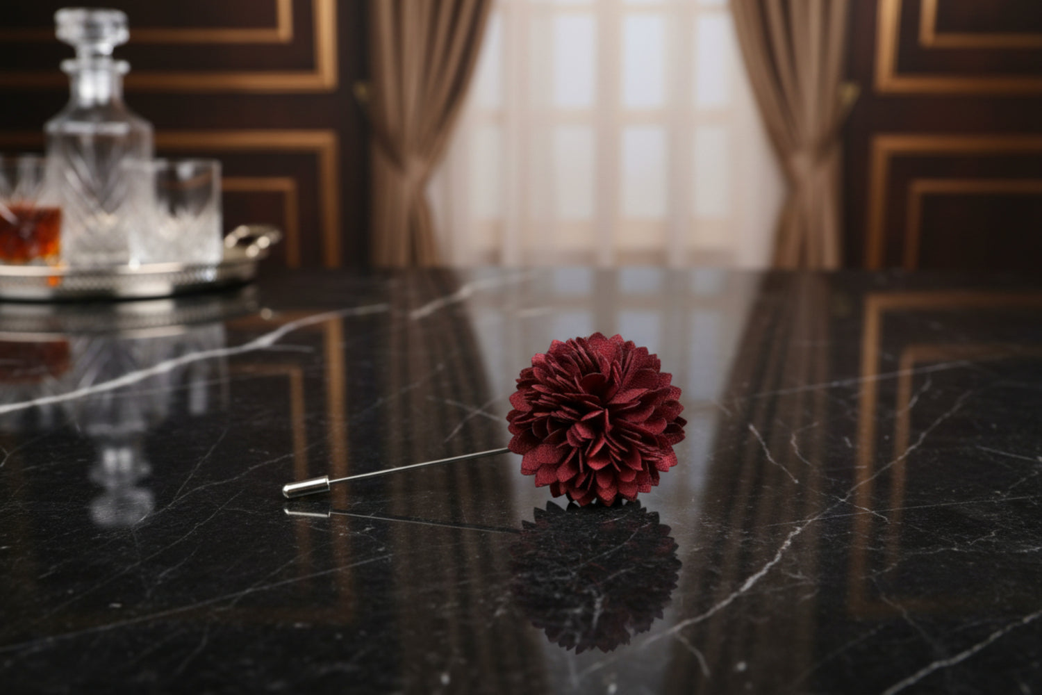 Main View: A Burgundy, Red Thin Petal Lapel Flower