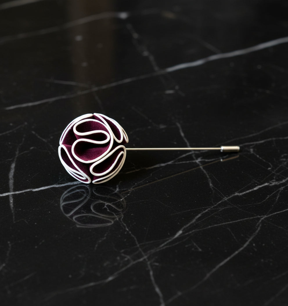 A Burgundy, White Leafy Petal Flower Shaped Lapel Pin||Burgundy, White