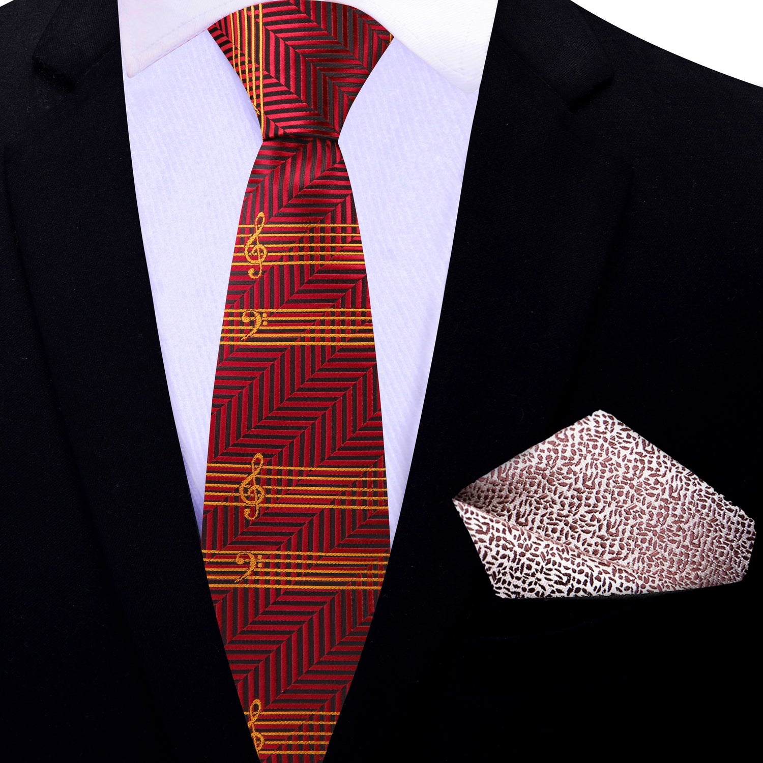 Thin Tie: Main View: Deep Red And Gold Printed Music Pattern Necktie with Brown Pocket Square
