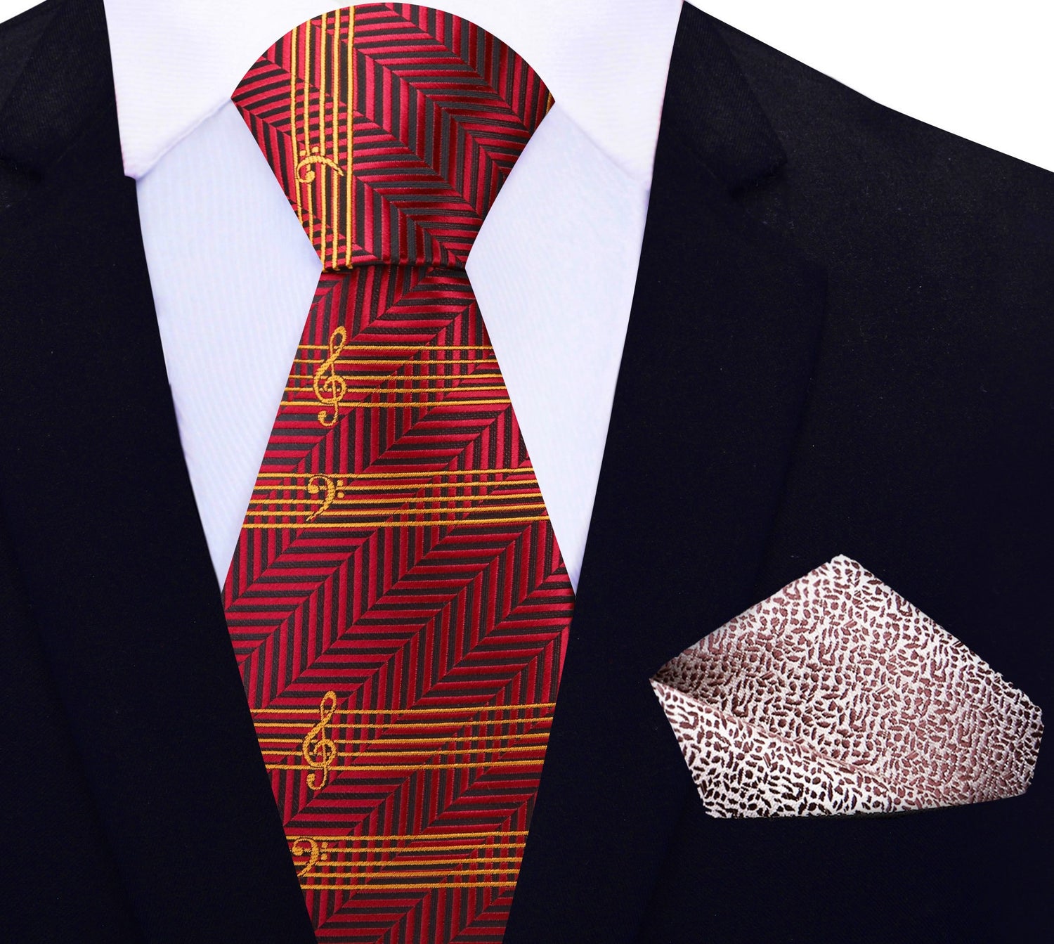 Main View: Deep Red And Gold Printed Music Pattern Necktie with Brown Pocket Square