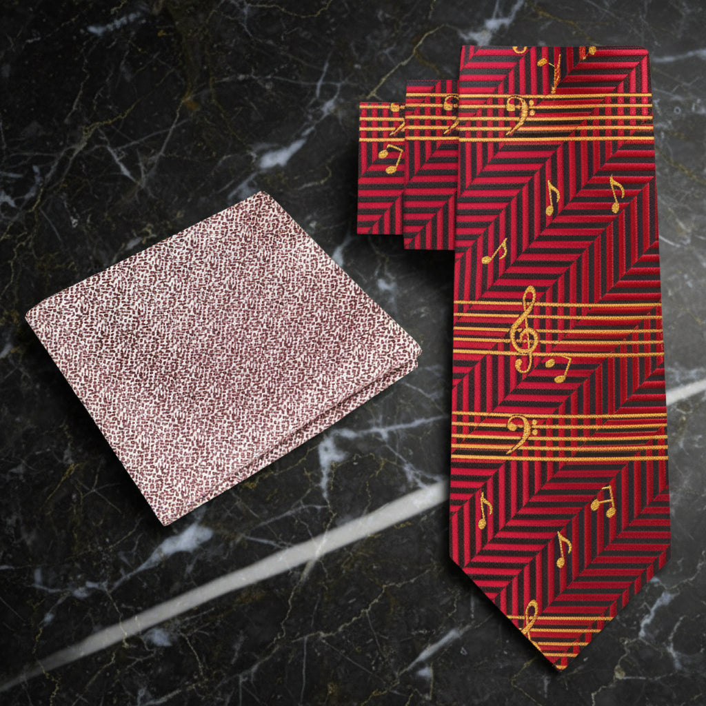 Alt View: Main View: Deep Red And Gold Printed Music Pattern Necktie with Brown Pocket Square