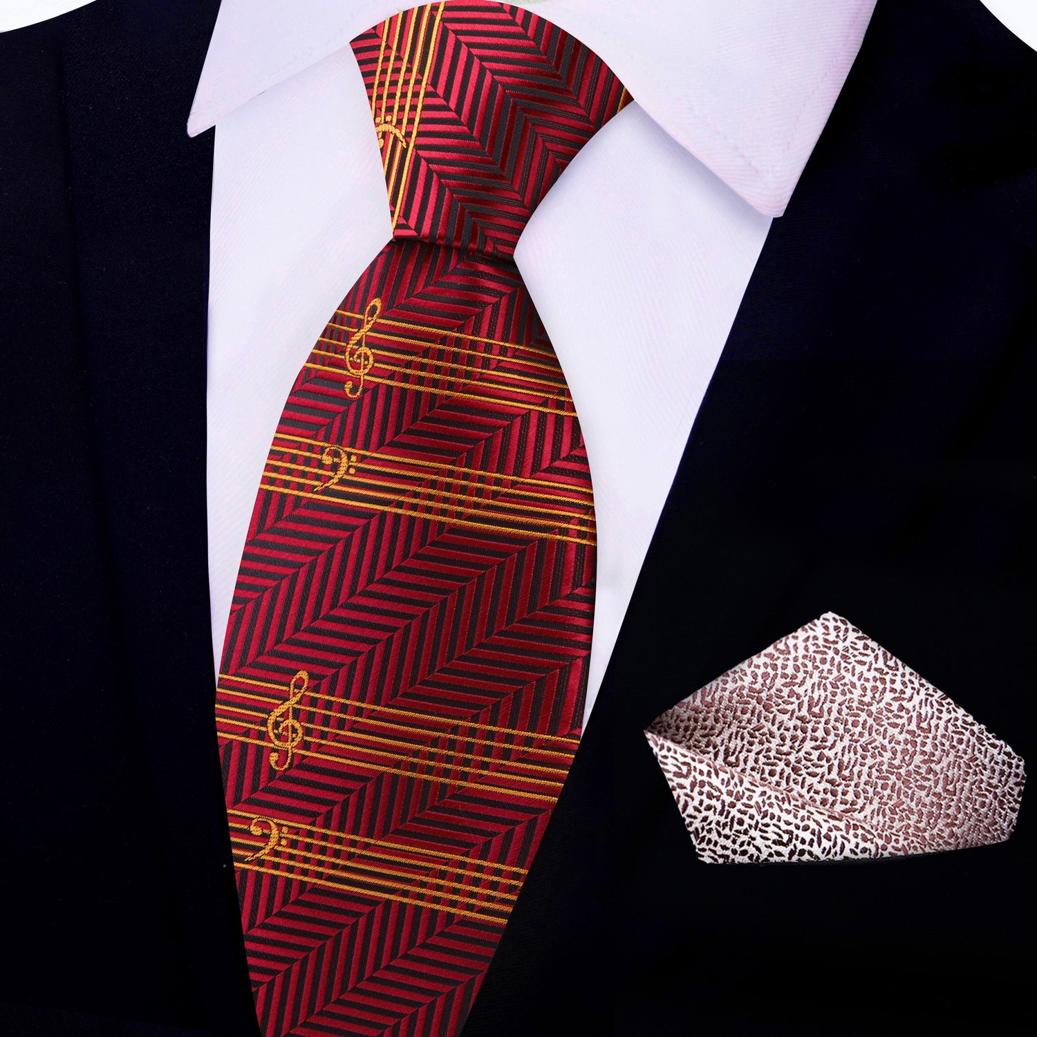 View 2: Main View: Deep Red And Gold Printed Music Pattern Necktie with Brown Pocket Square