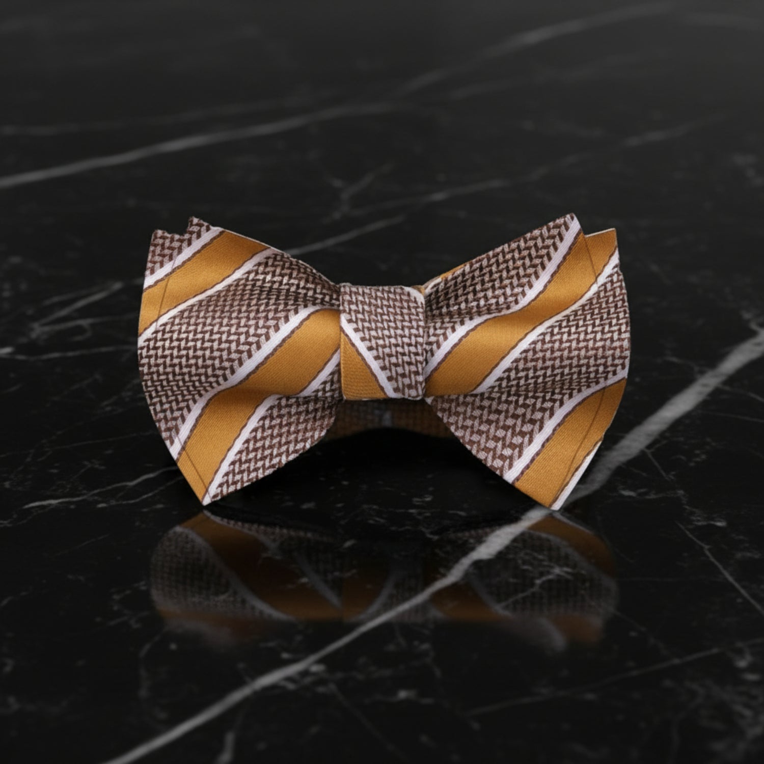A Caramel, Brown, White Stripe Pattern Self Tie Bow Tie 